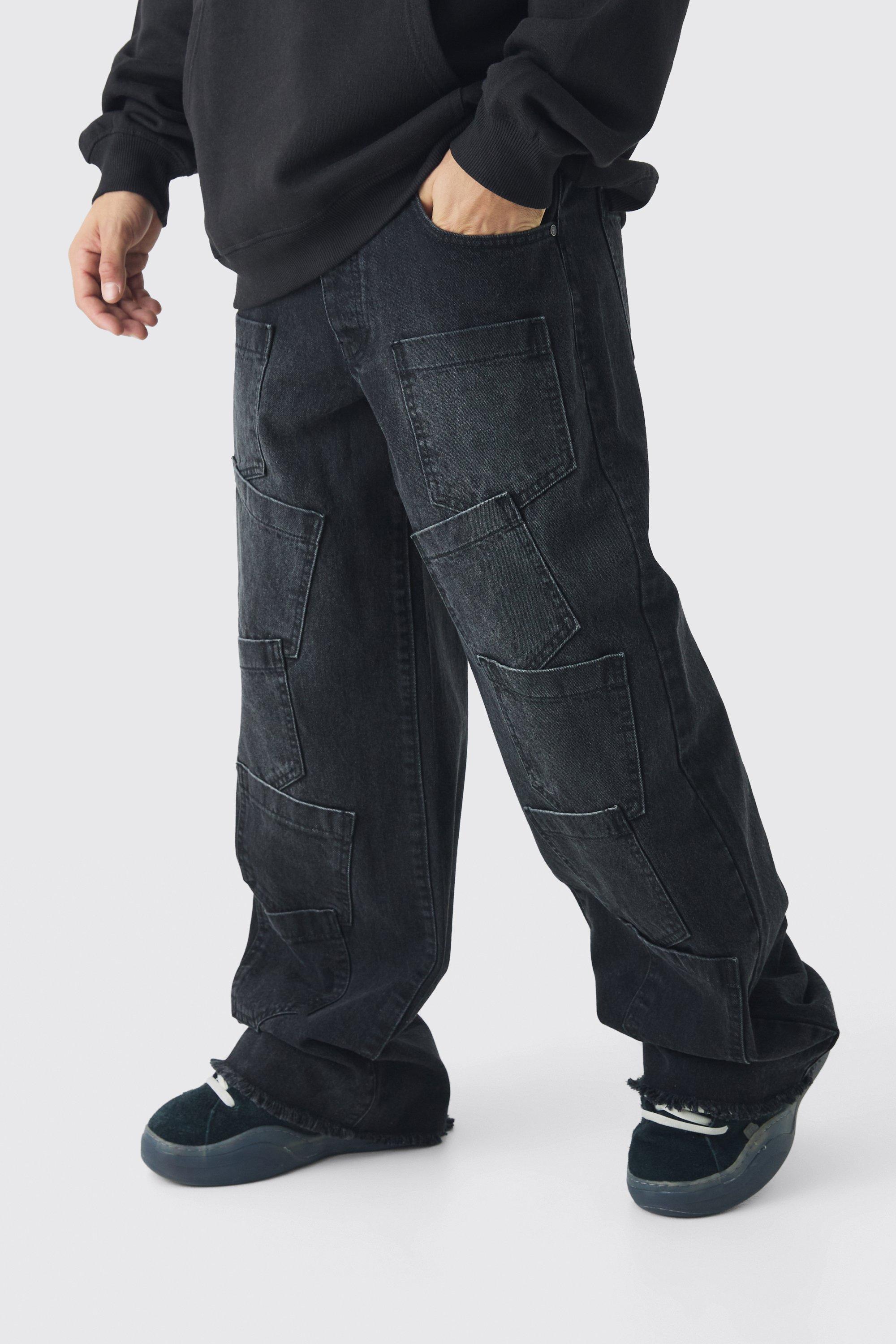 Mens Black Baggy Fit Rigid Indigo Multi Pocket Jeans, Black